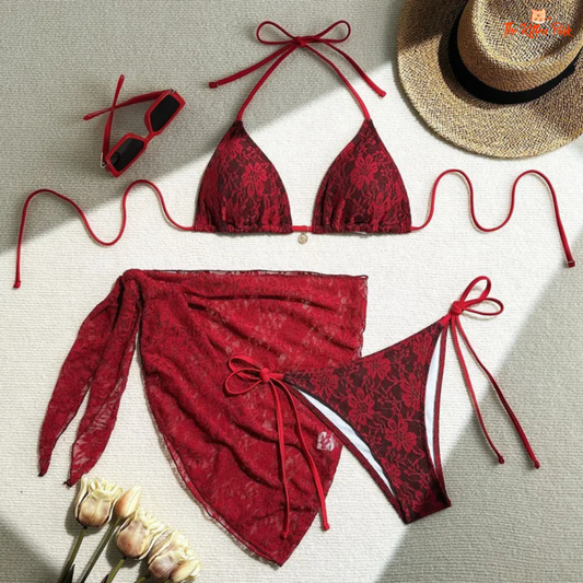 Sexy 3-piece Brazilian bikini set with triangle neckline and contrast lace details, perfect for beach vacations and poolside lounging.