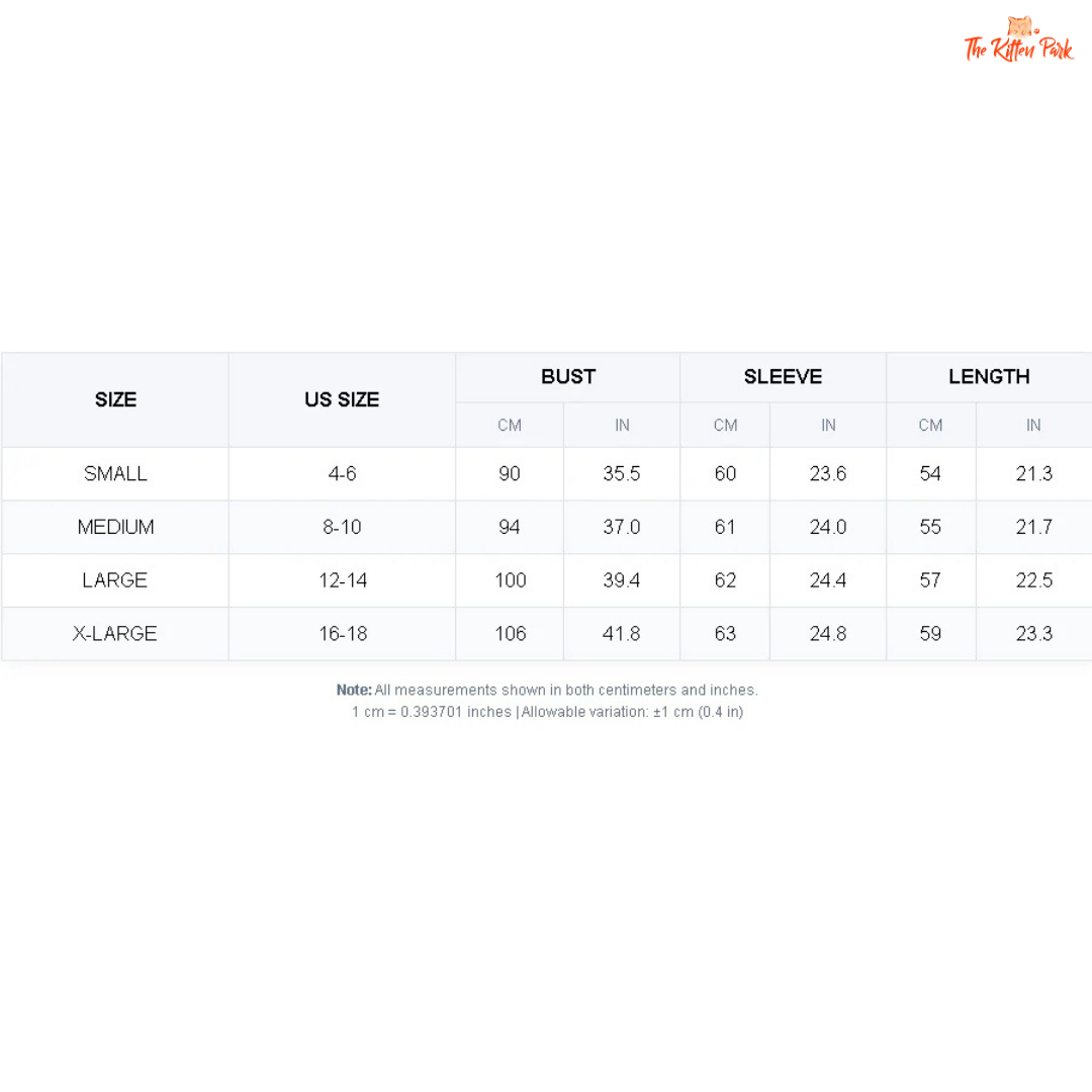 Size chart for clothing with measurements in centimeters and inches on a white background.