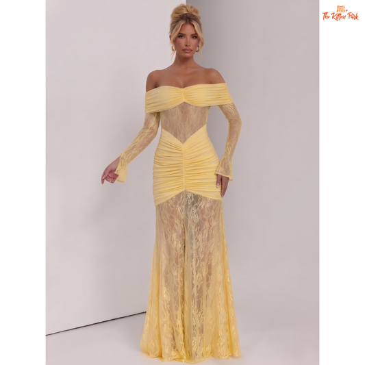 Backless off shoulder lace maxi dress with full sleeves, strapless neckline, ankle-length A-line silhouette, and elegant autumn winter party style.