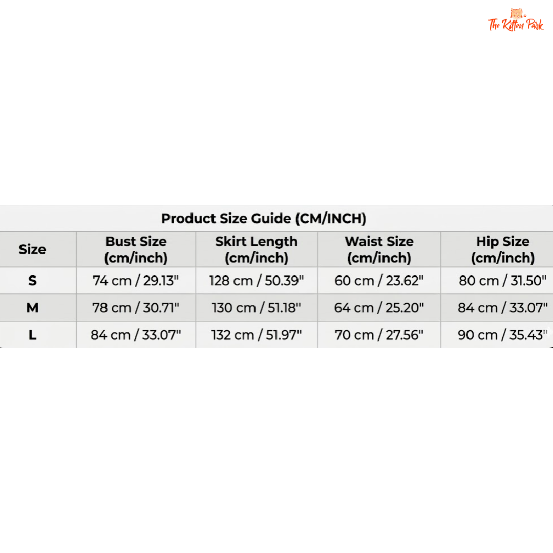 Size guide chart for clothing with measurements in centimeters and inches.