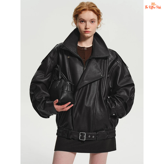 Women's oversized brown PU leather jacket with retro zip-up design, mandarin collar, and pockets — stylish high street coat for all seasons.