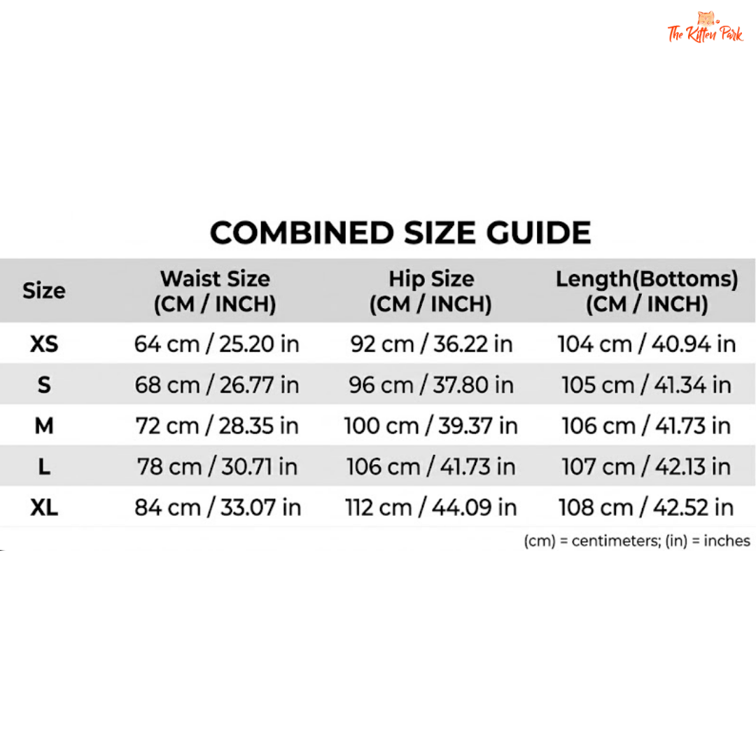 Combined size guide for waist, hip, and length measurements in centimeters and inches.