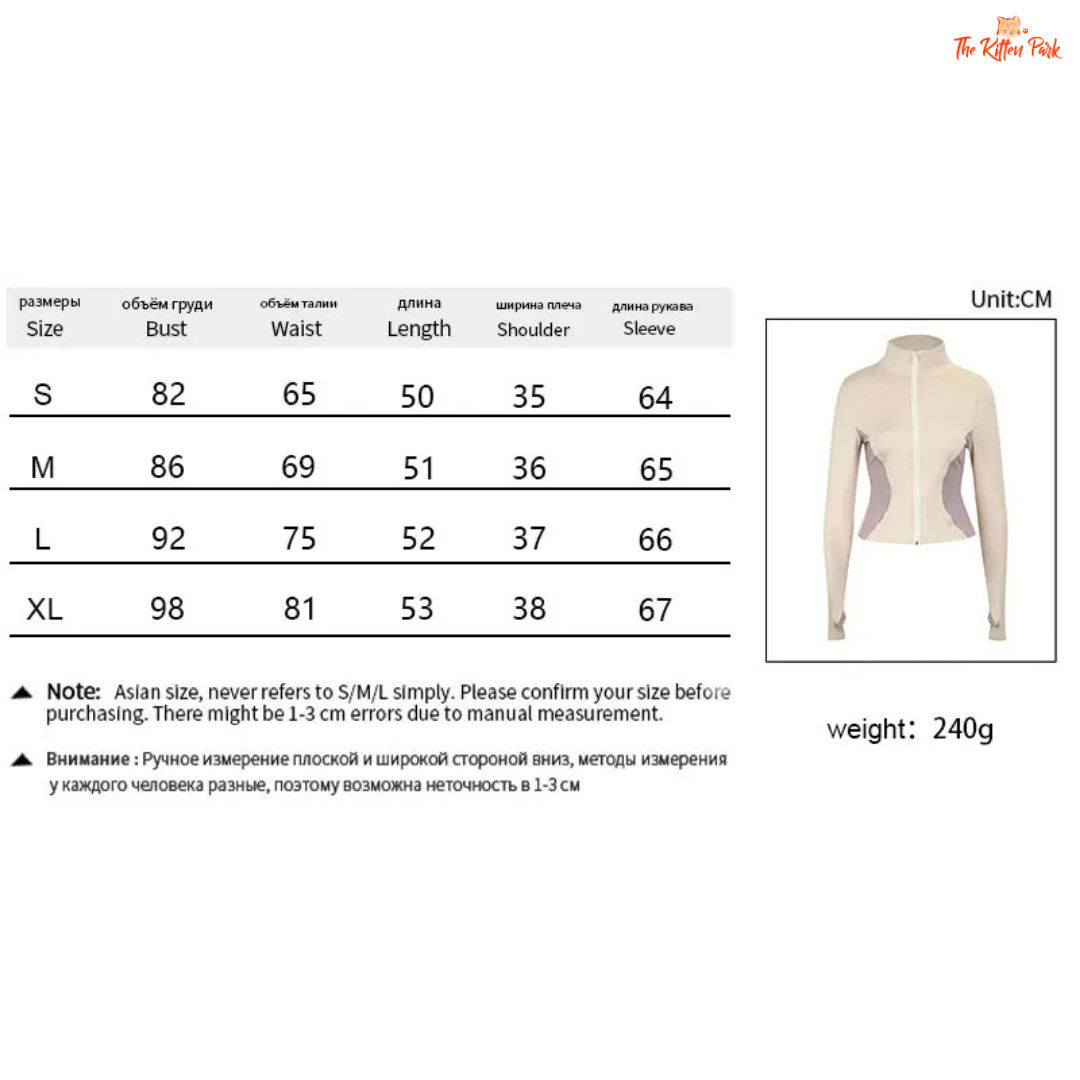 Measurement chart for a jacket with size chart and product image on a white background