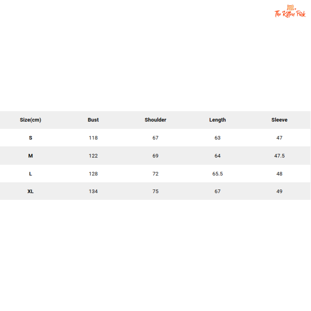 Size chart for clothing with measurements in centimeters