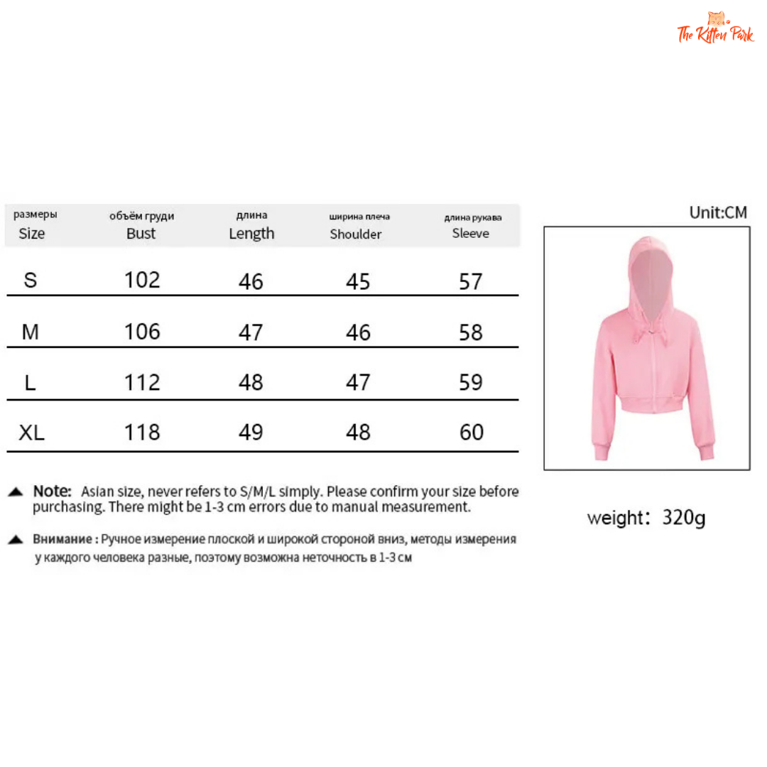 Pink hoodie size chart with measurements and weight on a white background
