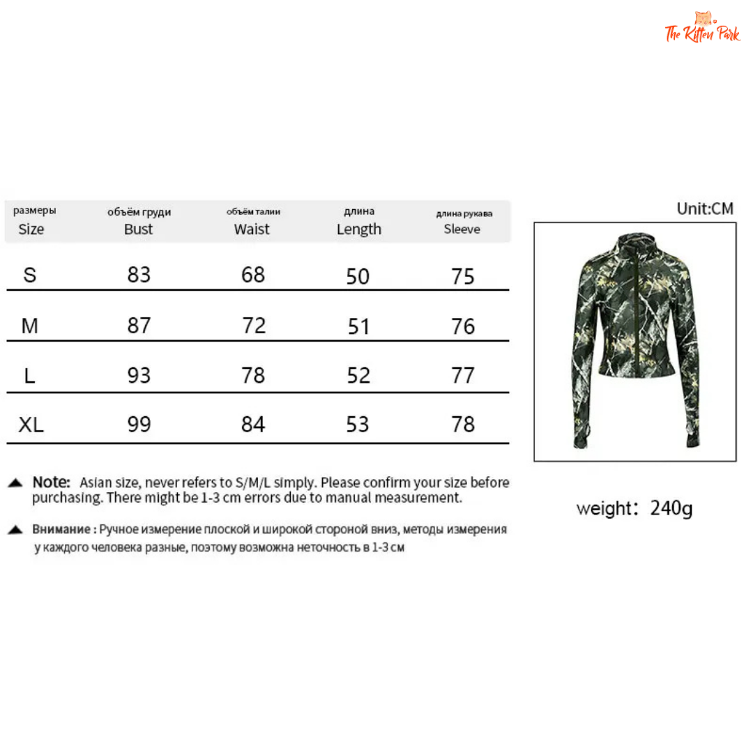 Camouflage jacket with size chart and weight information on a white background