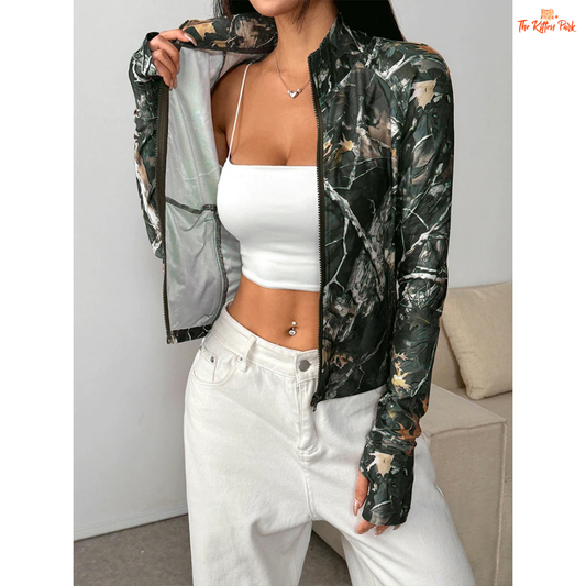A dark green printed turtleneck zipper sports coat for women featuring a slim fit, hollow-out accents, and turn-down collar for chic autumn activewear style.