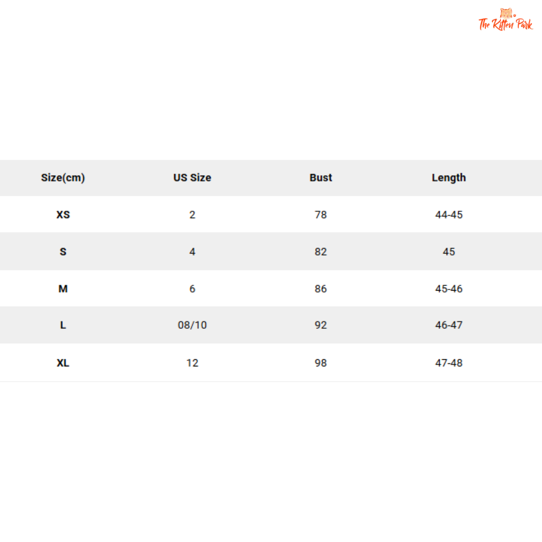 Size chart for clothing with US size, bust, and length measurements.