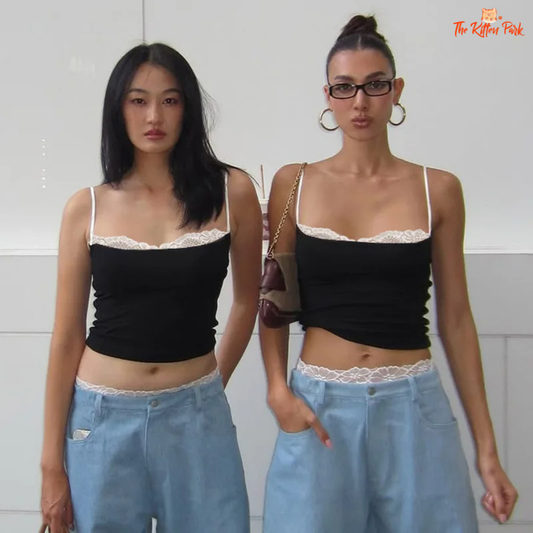 Women's sleeveless backless camisole crop top with lace trim, designed in patchwork style for sexy summer night outfits.