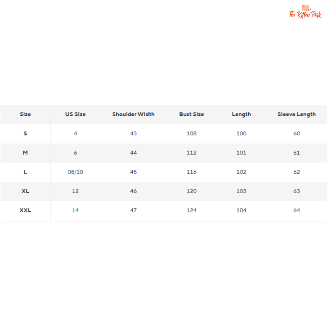 Size chart for clothing with measurements in millimeters on a white background