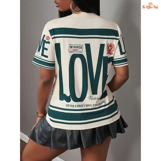 Casual summer T-shirt featuring bold LOVE lettering, made from quick-dry mercerized polyester with a relaxed fit and short sleeves.