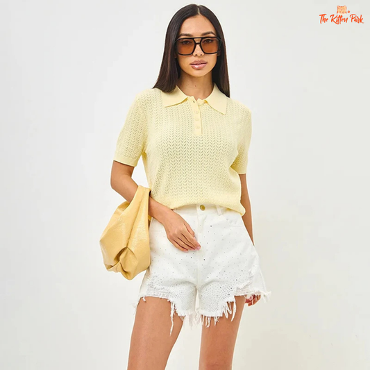 Knitted lapel short sleeve t-shirt for women, featuring a loose fit and soft cotton-polyester blend for casual summer wear.