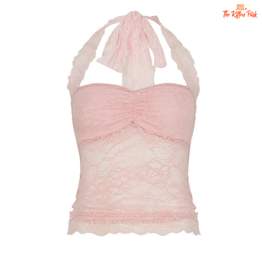 Y2K lace patchwork camisole – slim backless transparent party top with knit texture for trendy women's outfits.