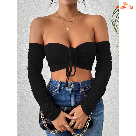 Sexy ruched crop top – off shoulder long sleeve drawstring clubwear for women.