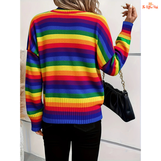 A women’s retro sweater with rainbow striped pattern, extra-heavy polyester knit, O-neck, and full sleeves in Japanese casual style for autumn and winter.