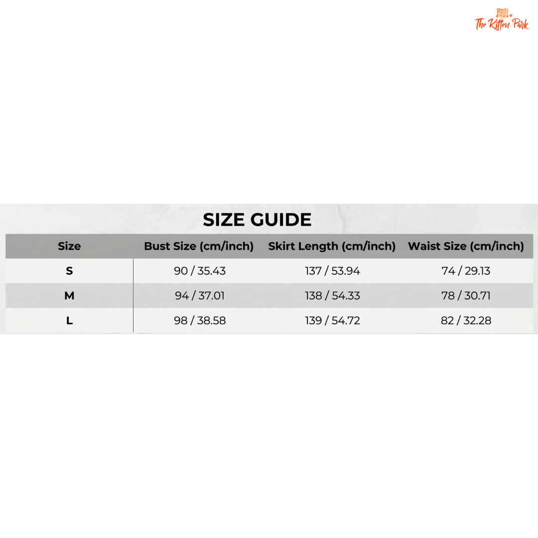 Size guide chart for clothing with bust, skirt length, and waist measurements.