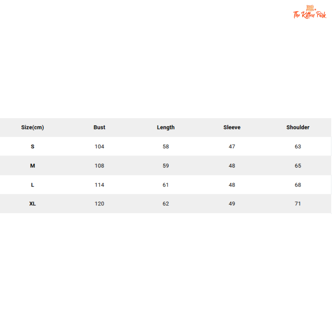 Size chart for clothing with measurements in centimeters