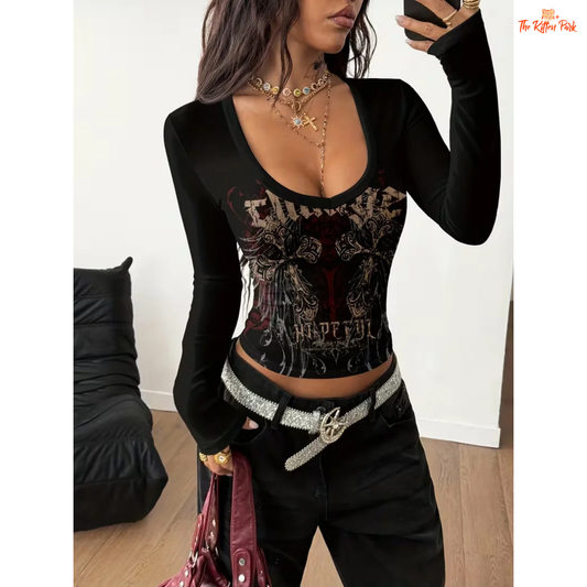 Retro Music Print Long Sleeve T-Shirt