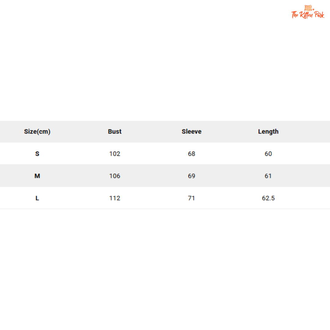 Size chart for clothing with measurements in centimeters