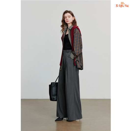 Retro Striped Wide Leg Pants – Dark Gray with straight loose fit, mid waist, button fly, and floor-length striped design for office autumn/winter wear.