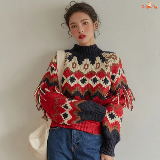 Retro Chic Tassel Trim Knit Sweater – Color Block Autumn Winter Top with hooded collar, tassel decoration, geometric color block pattern, vintage style.