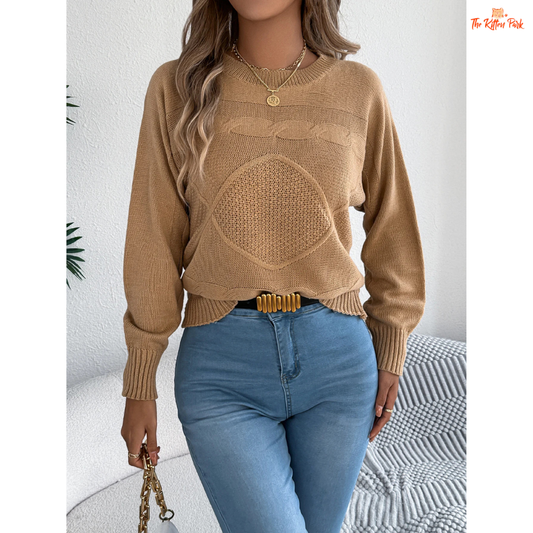 A Round Neck Twist Knit Lantern Sleeve Sweater for women featuring a soft twist-knit texture, casual pullover design, and warm orange tones for autumn style.