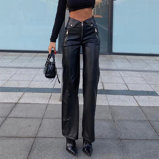 Zippered Chic Clubwear Leather Trousers