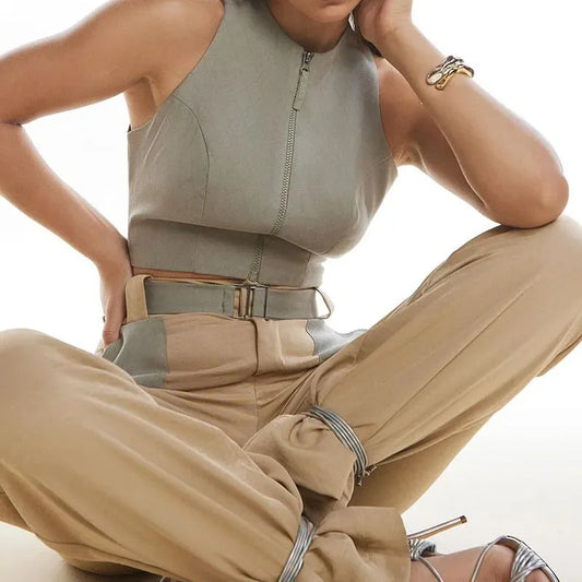 Color Block Elegance Sleeveless Office Set