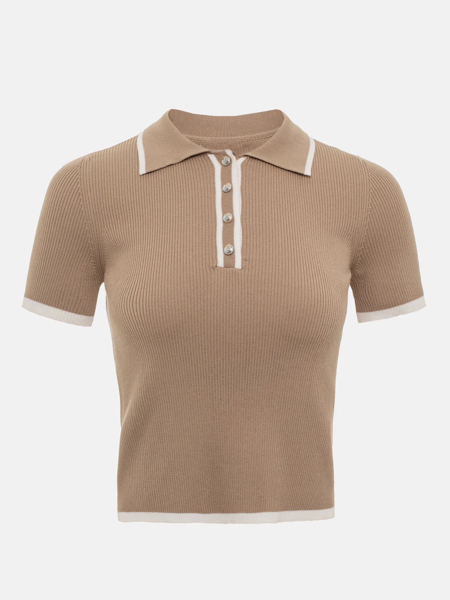 Elegant ribbed knit top with patchwork detail, short sleeves, and turn-down collar in a refined modern style.