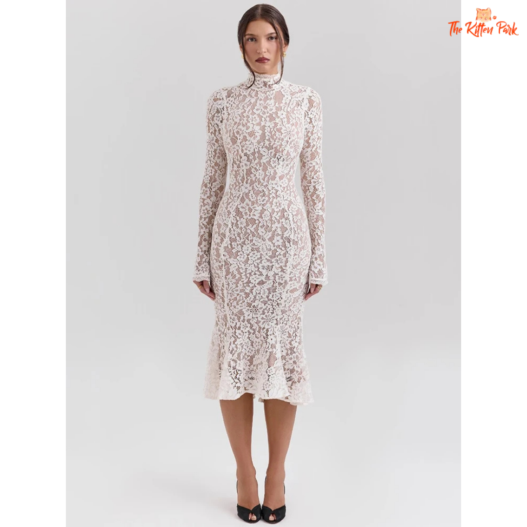 White Lace Midi Dress Long Sleeve High Waist Bodycon Party Dress for Thekittenpark White Lace Midi Dress Long Sleeve High Waist Bodycon Party Dress for Thekittenpark