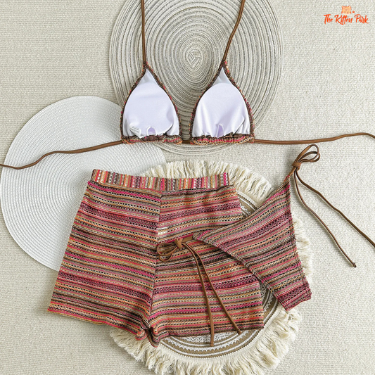 Sexy striped 3-piece bikini set with halter tie top, matching bottoms, and shorts — perfect for youthful summer beach looks.