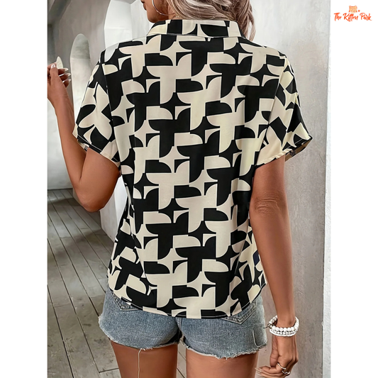 V-neck summer blouse for women with elegant print, batwing sleeves, and regular fit — ideal for office or casual wear.
