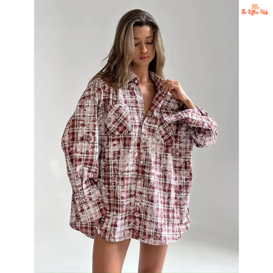 Vintage-inspired loose plaid shirt for women with full sleeves, turn-down collar, and a soft cotton blend, ideal for spring streetwear or office outfits.