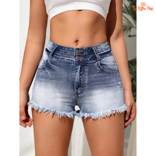 Sexy women's ripped denim shorts – mid-waist stretch skinny fit with tassel details and pockets, perfect for casual summer streetwear.