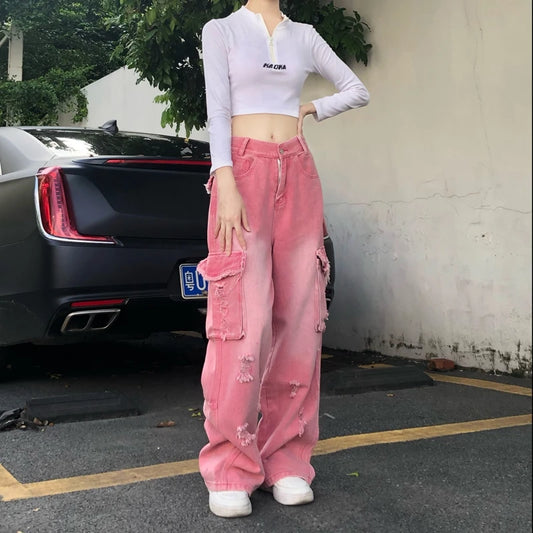High Waist Pink Streetwear Trousers