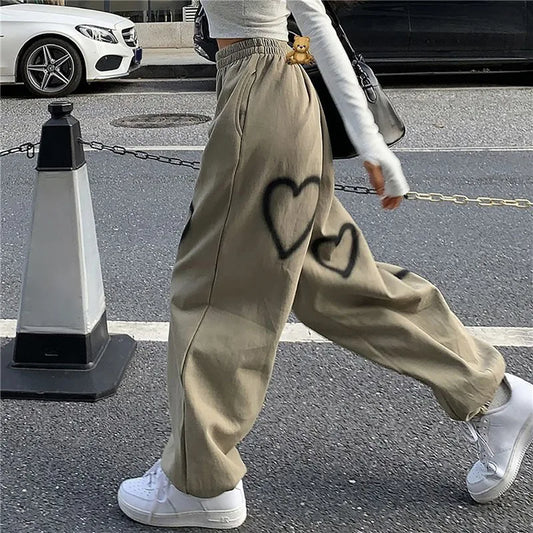 Korean Heart Print Streetwear Trousers