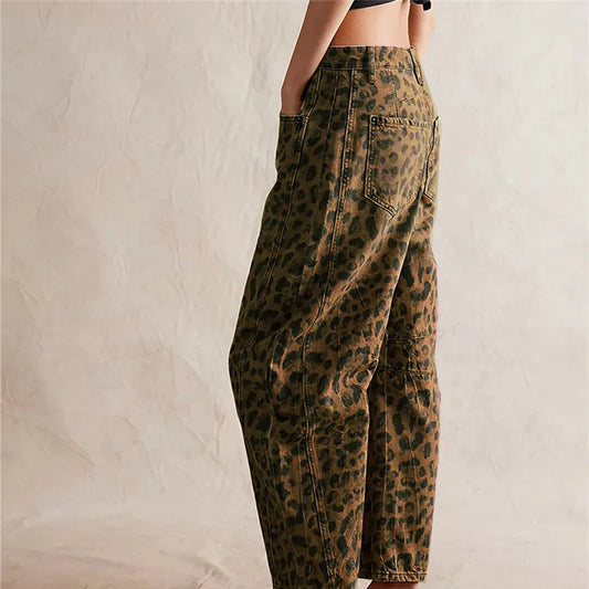 2025 Y2K Leopard Barrel Jeans – Women's Cheetah Print High-Waist Skinny Denim Pants