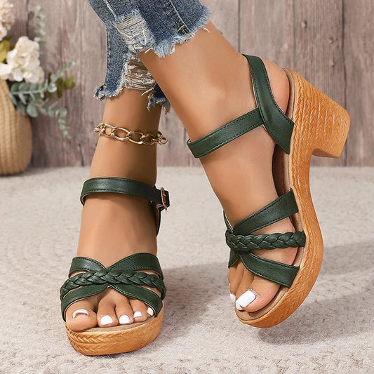 2025 Summer Platform Sandals for Women – Chic Gladiator Heels, PU Leather, Ankle Strap, Square Heel
