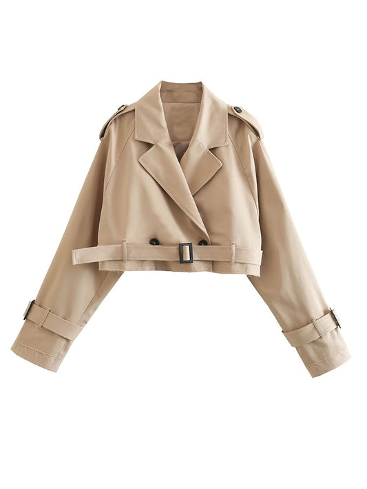 Belted Double-Button Fashion Cropped Trench