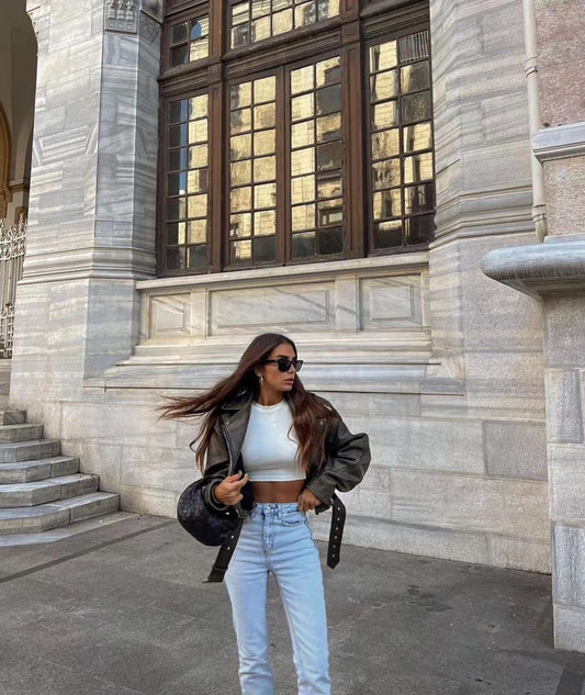 Retro Vibes Oversized Leather Zipper Jacket