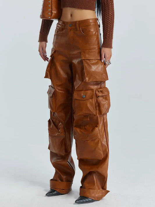 Pocketed Chic Leather Cargo Pants