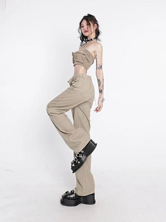 Star Pocket Khaki Wide-Leg Jeans