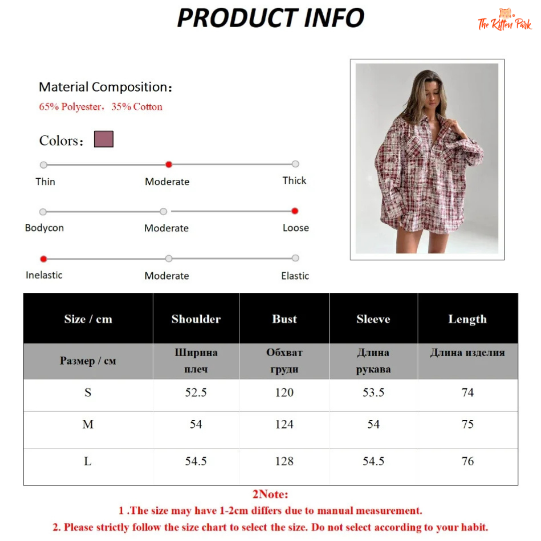 Product information sheet with material composition, color options, size chart, and a model wearing the garment.