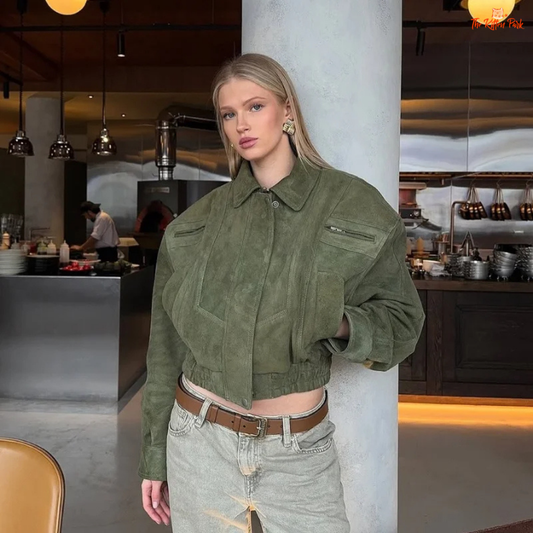 A women's camel suede cropped jacket with turn-down lapel collar, zipper closure, and pockets, designed for chic streetwear in autumn and winter.