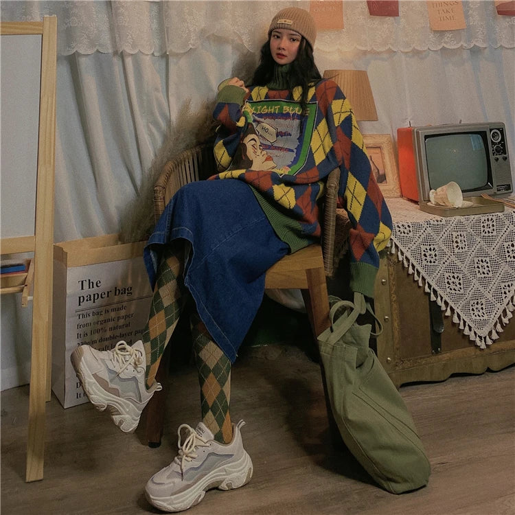 Checkered Chic Turtleneck Sweater