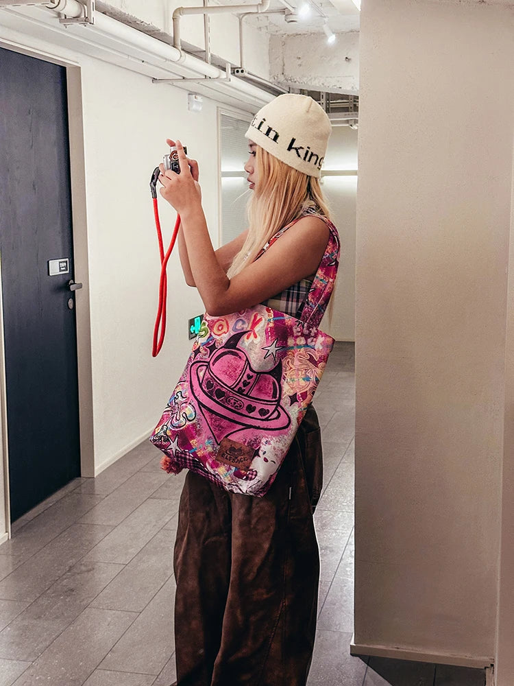 2025 Spring Y2K Pink Handbag – Women's Devil Heart Printed Canvas Tote Bag