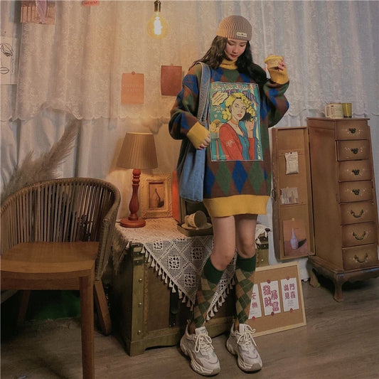 Checkered Chic Turtleneck Sweater