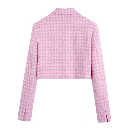 Pink Plaid Elegant Women Jacket Shorts Set