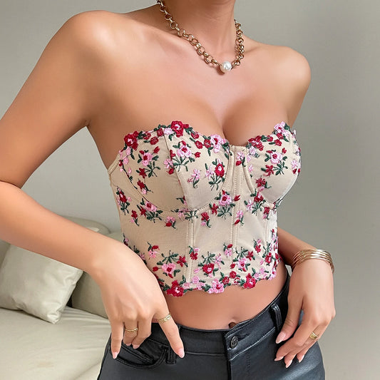 Y2K Retro Floral Embroidery Crop Top – Sexy Strapless Lace Corset, Sleeveless Fishbone Bustier Camisole Vest