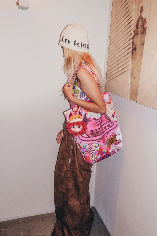 2025 Spring Y2K Pink Handbag – Women's Devil Heart Printed Canvas Tote Bag